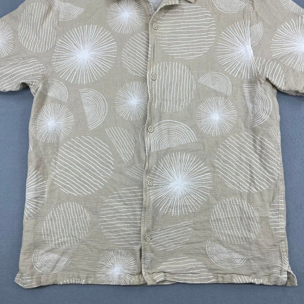 Folk Mens XL Tan Geometric Sunburst Print Textured Cotton Short Sleeve Shirt - Picture 3 of 13